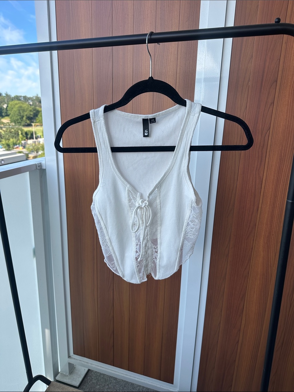 Garage White Ribbed Lace-Trim Tie-Front Camisole
